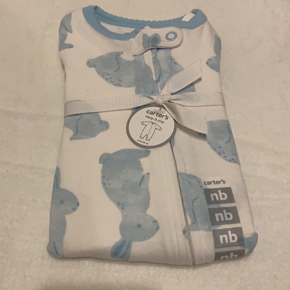 Newborn Sleep and play outfit with blue bunnies